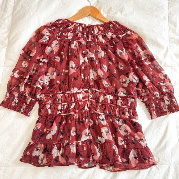 NWOT Walter Baker Red Floral Ruffle Blouse Sheer Long Sleeve Top Size Large - Picture 9 of 9